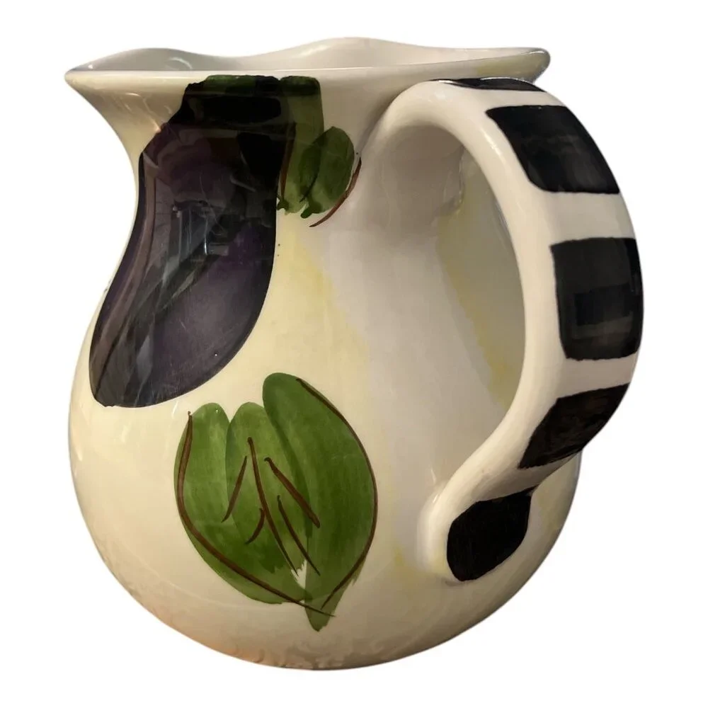 Hand-Painted Antica Fornace Italy Ceramic Pitcher With Eggplant & Leaf Design